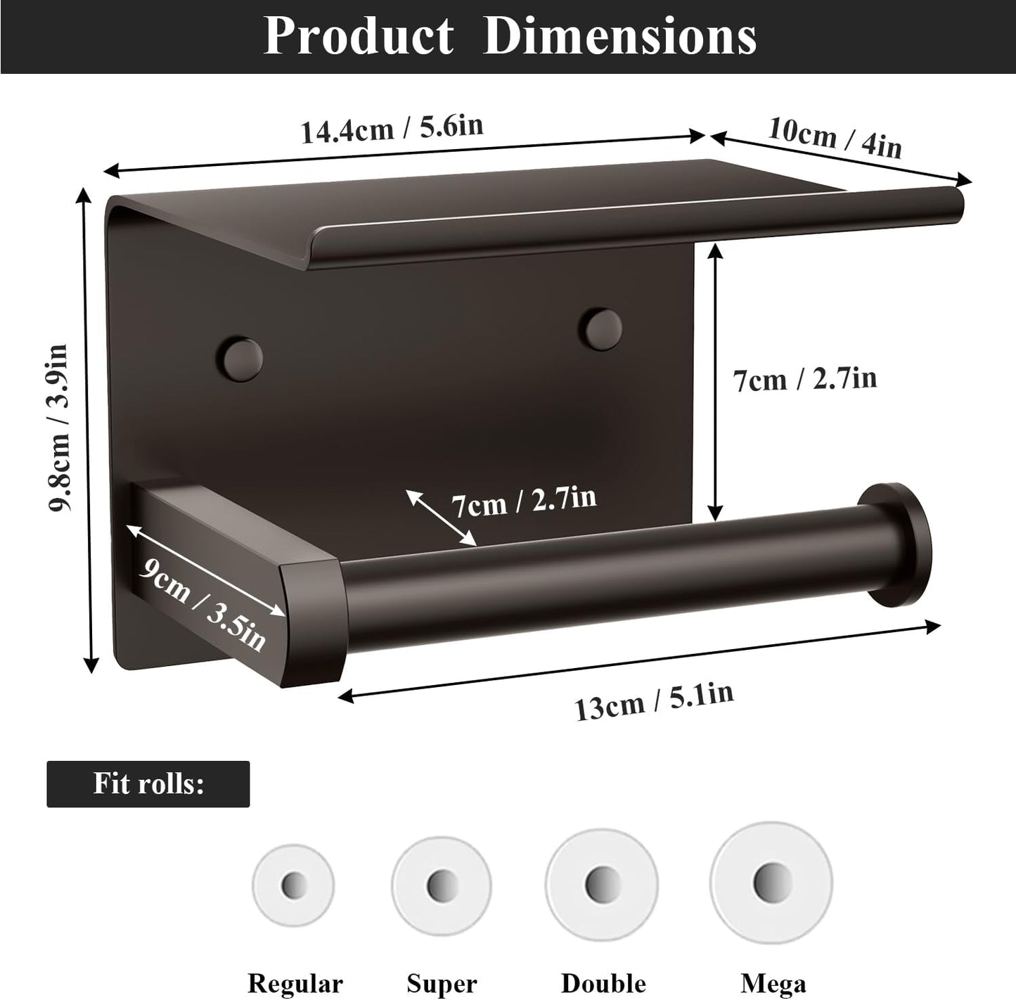Tindbea Toilet Paper Holder with Phone Shelf, Adhesive or Screw Wall Mount Toilet Tissue Roll Holder, Rustproof & Multifunctional Stainless Steel Bathroom Storage Dispenser (Bronze)