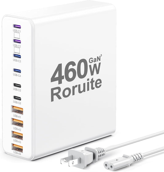 460W USB C Charger Block, 10-Port USB Charging Station GaN III PD Charger Type C & USB A, Dual 65W PC Laptop Fast Adapter for MacBook Pro/Air, iPhone 17, iPad, DELL, Samsung Galaxy, Android - White