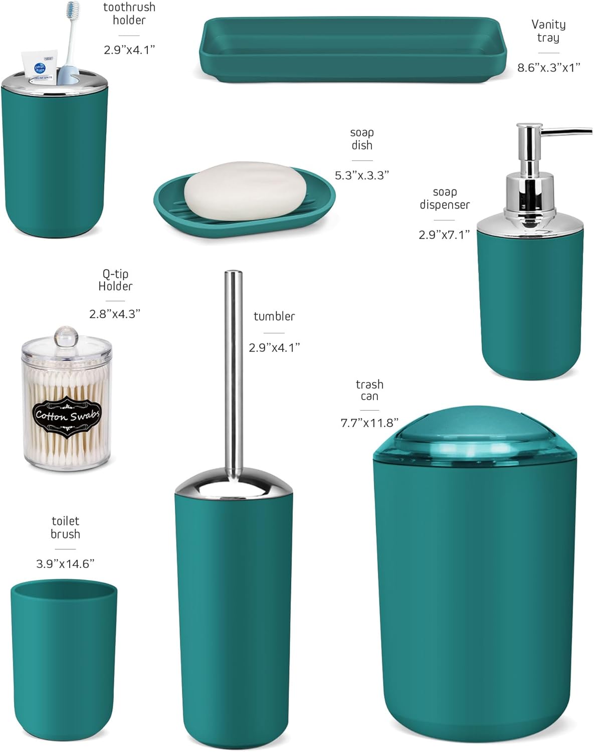 IMAVO Bathroom Accessories Set,Peacock Green Bathroom Set,9 Pieces Bathroom Accessory Set,Tray,Qtip Holders,Toilet Brush,Trash Can for Bathroom Décor and Home Gifts