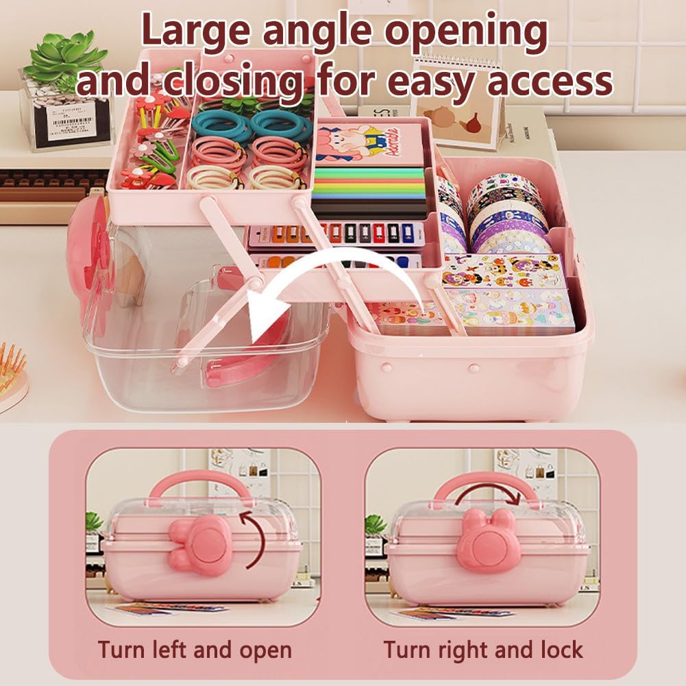 Cute Hair Accessories Organizer 3-Layers Kids Jewelry Storage Box Plastic Hair Accessories holder for Girls (Pink-Rabbit)