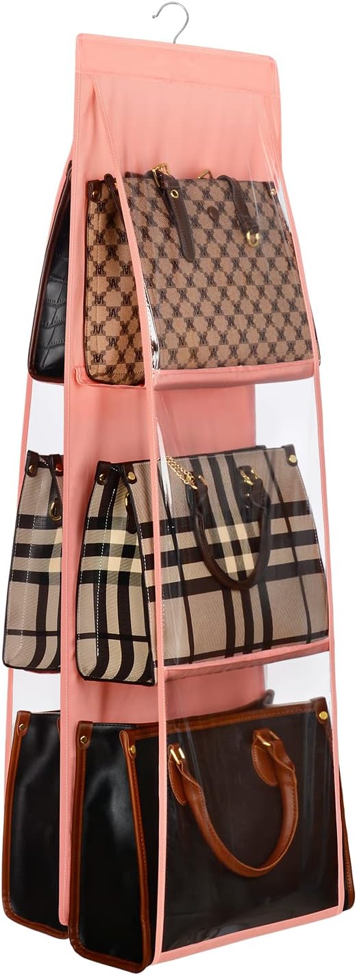 Lirex Medium and Large Handbag Hanging Purse Organizer for Closet, Handbag Storage Organizer Hanger Oxford Cloth Closet Organizer for Family Closet Bedroom, Foldable and Universal Fit, Light Pink