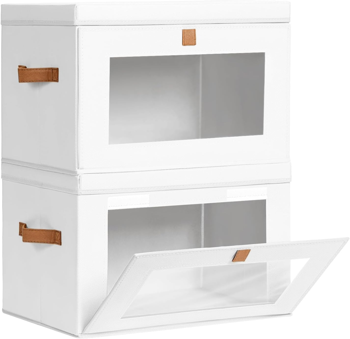 Large Clothing Storage Bins - Collapsible Boxes with Handles & Window, Decorative Organizer Bins with Lids, Fabric Containers for Living Room, Dorm, 2 Pack, White