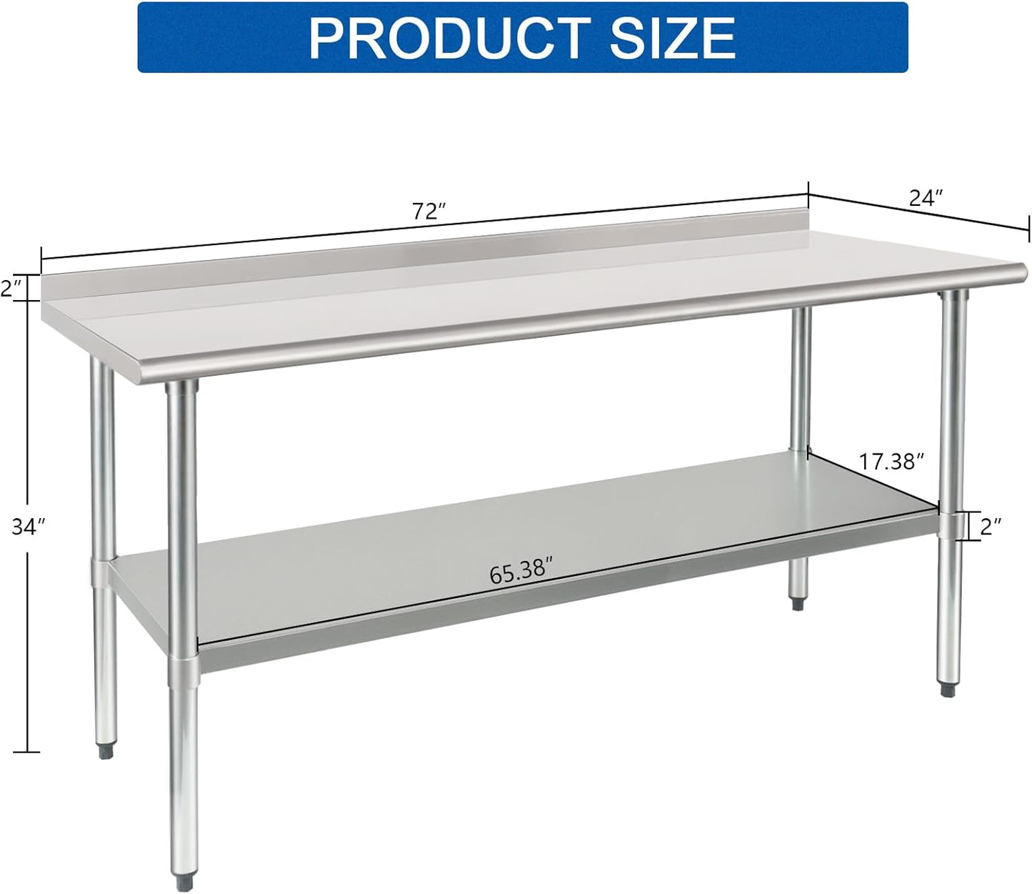 HARDURA Stainless Steel Table Prep & Work Table 24 x 72 Inches NSF Heavy Duty Commercial with Undershelf and Backsplash for Restaurant Kitchen Home and Hotel