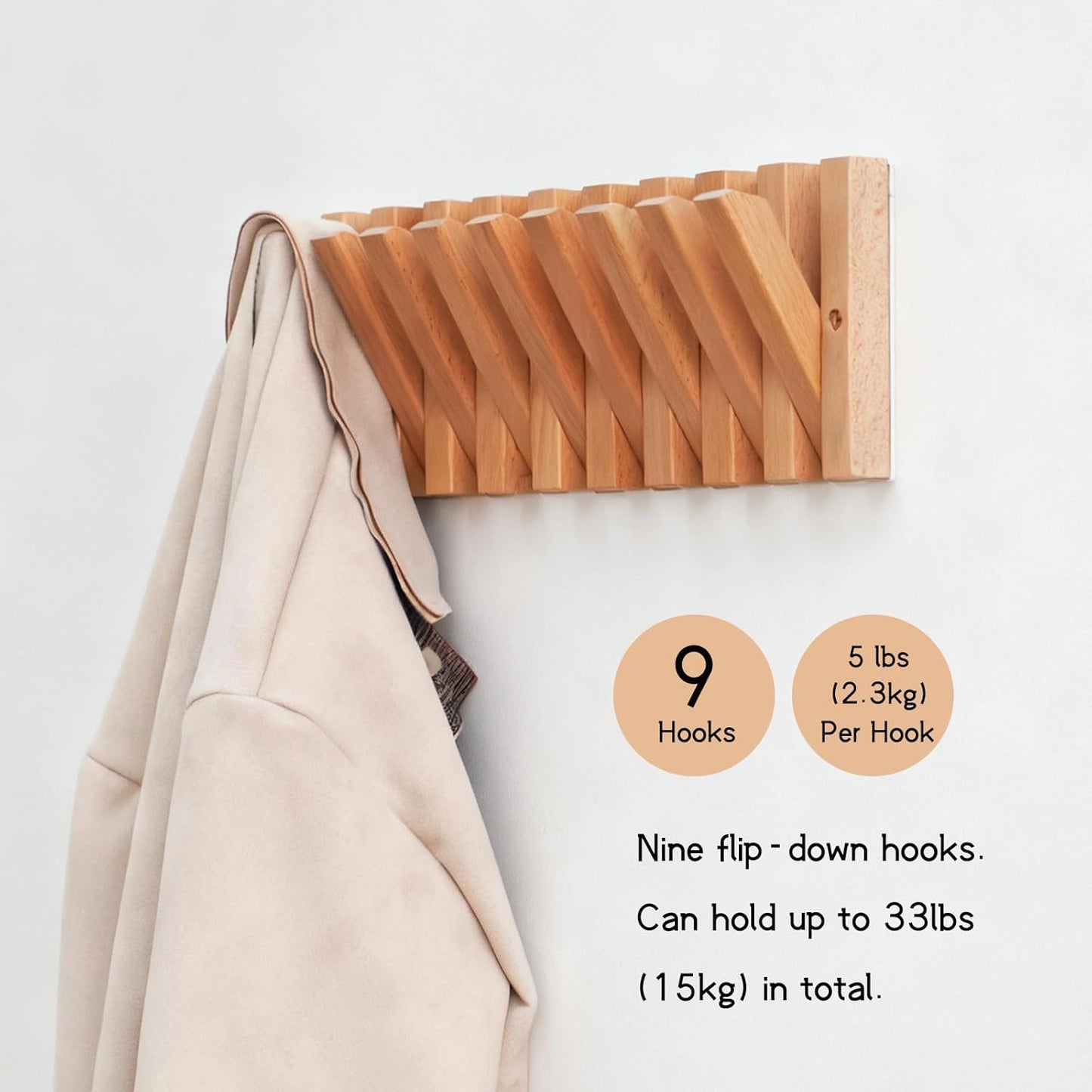 Coat & Hat Hooks Wall Mount with Key Holder, Wall Mounted Coat Rack with 9 Retractable Hangers, Solid Wood Slim Key Holder for Entryway, 17in Natural Finish