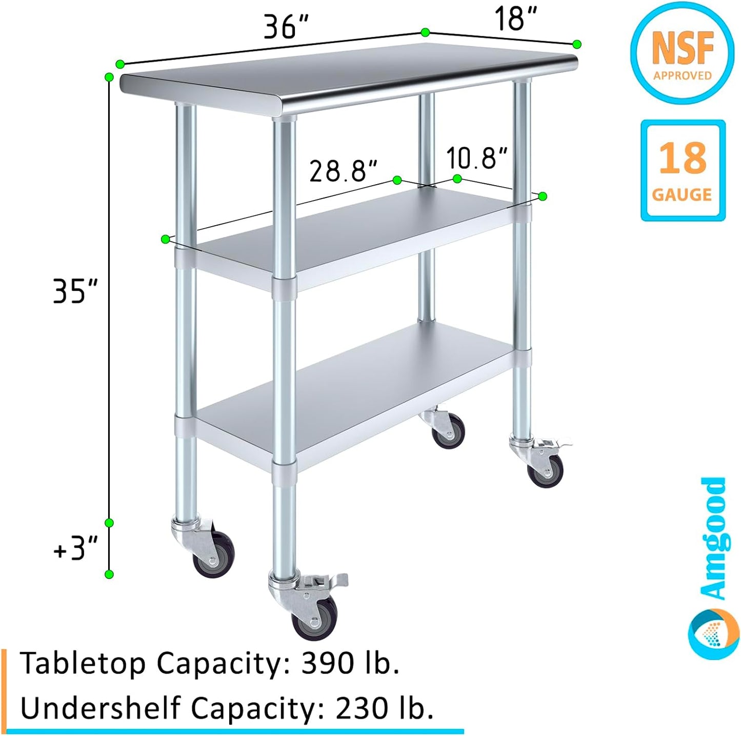 AmGood Stainless Steel Work Table with 2 Shelves and Casters | Metal Utility Table On Wheels (Stainless Steel Work Table with 2 Shelves + Casters, 36" Long x 18" Deep)