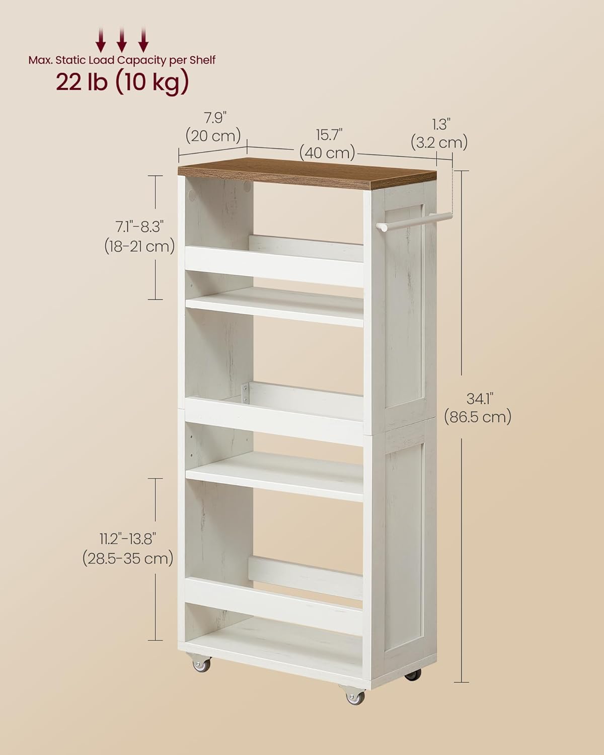 VASAGLE 4-Tier Slide-Out Storage Cart, Slim Kitchen Cart for Small Spaces, with Wheels, Handle, Bathroom, Laundry Room, 7.9 x 17 x 34.1 Inches, Rustic White and Honey Brown ULRC051K01