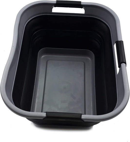 SAMMART 30L (8 Gallon) Collapsible Plastic Laundry Basket - Foldable Pop Up Storage Container/Organizer - Portable Washing Tub - Space Saving Basket - Water Capacity 24L(6.3 Gallon) (1, Grey/Black)