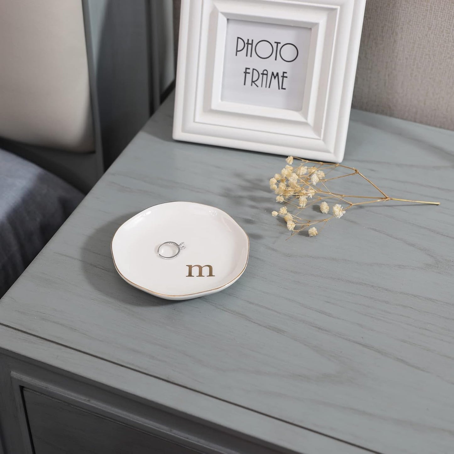 HOME SMILE Initials Ring Dish Jewery Tray with Personalized M-Monogrammed Engagement Wedding Gifts for Friends,Sister,Birthday Christmas Gifts for Women,Ceramic White