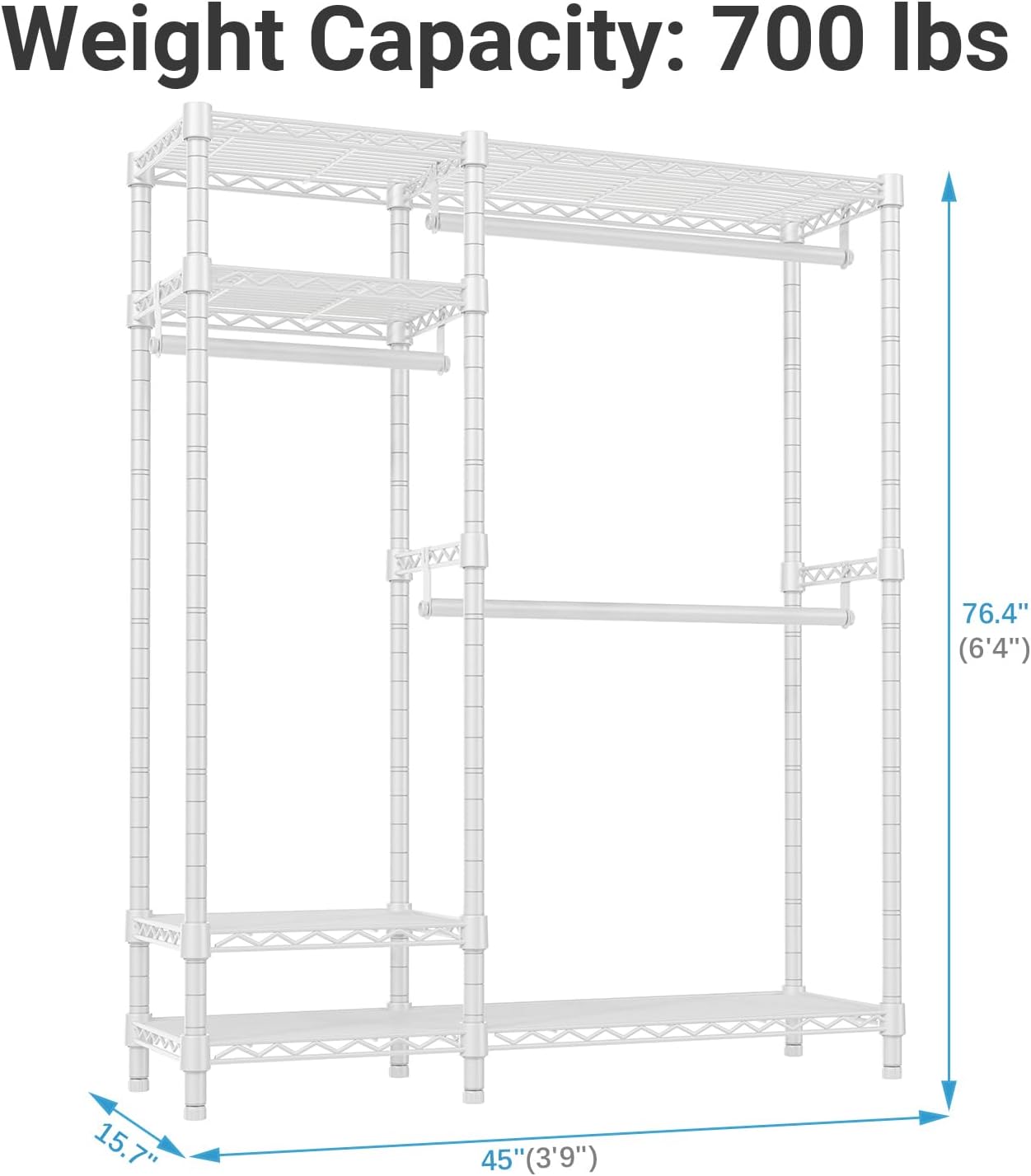 VIPEK V2 Heavy Duty Clothes Rack 4 Tiers Wire Shelving Garment Racks with 3 Hanging Rods Compact Freestanding Closet Metal Closet Rack, Max Load 700LBS, White