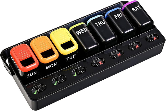 Pill Organizer Easy-Slide Lid, Removable 7 Day 1 Time a Day Pill Box, Large Travel Pill Case, Week Once Daily Medication Dispenser, Pill Container Holder for Supplement, Vitamin, Black