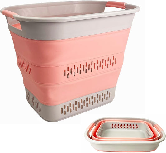 SAMMART 40L (10.5 Gallon) Collapsible Plastic Laundry Basket - Foldable Pop Up Storage Container/Organizer - Portable Laundry Hamper - Space Saving (1, Grey/Quartz Pink)