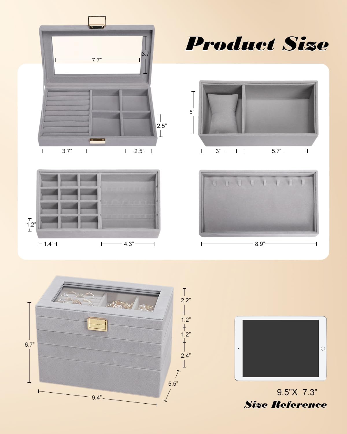 Homde Jewelry Tray Stackable Jewelry Box Drawer Organizer with Glass Lid, Removable Dividers for Vanity Table - Christmas Gift Idea for Girls and Women (Gray)