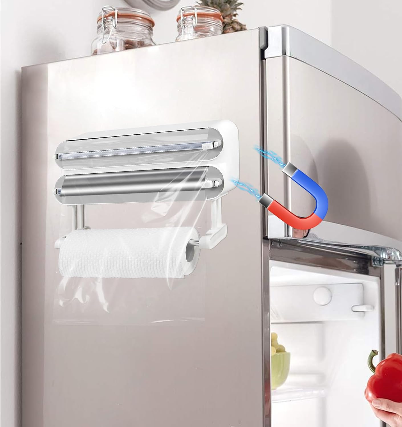 3 in 1 Plastic Wrap Dispenser with Cutter，Magnetic Aluminum Foil and Adhesive Film Organizer, Wall Mount Kitchen Wrap Organizer, Cling Wrap Dispenser with Paper Towel Holder and Cutter