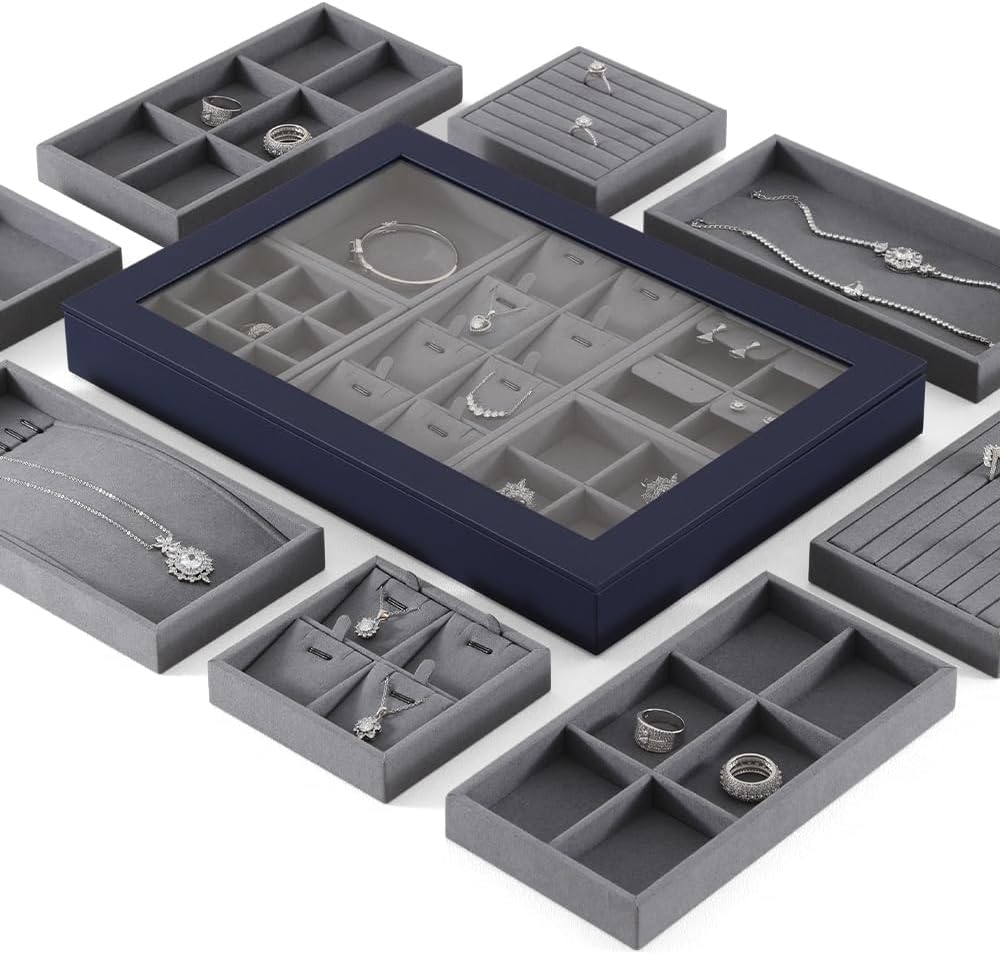 Dark Blue Jewelry Display Tray Ring Necklace Earring Bangle Organizer Multifunctional Storage Case for Jewelry Showcase (Small 4 Grids Pendant Tray)