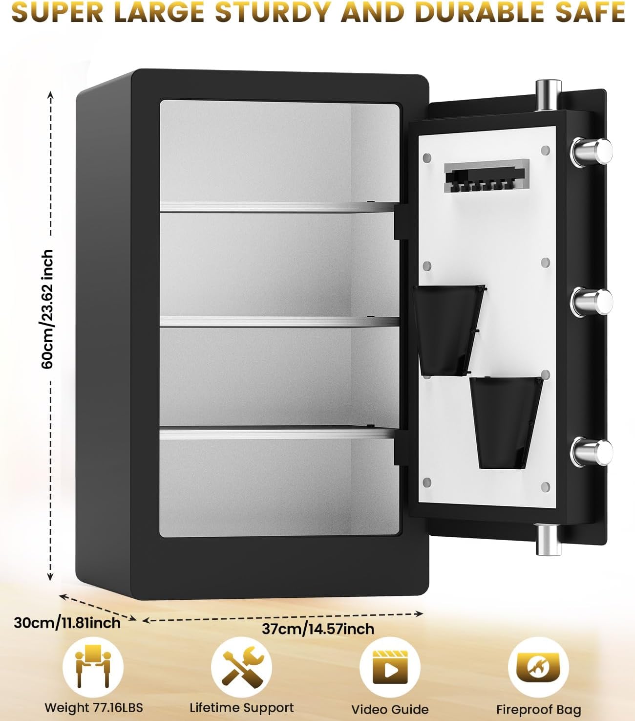 23.62" Tall Biometric Safe Box with Fireproof Waterproof Bag, 2.6 Cuft Fireproof Safe Large Document Storage Anti-Theft Dual Alerts, Mute Mode, Digital Security for Business