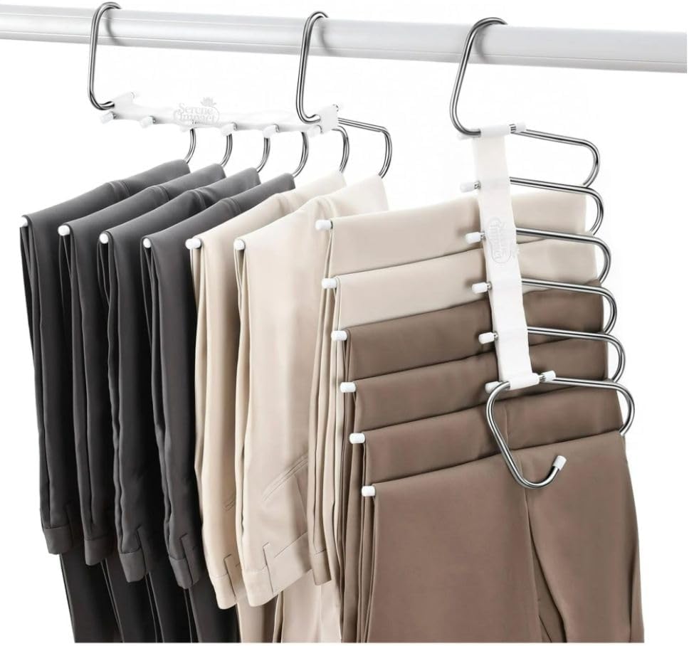 Space-Saving 6-Tier Metal Pants Hanger with Non-Slip Coating, Pack of 2, 12 Hooks Included, Stainless Steel Design, Can Reduce 80% of Clutter, for Holidays - White