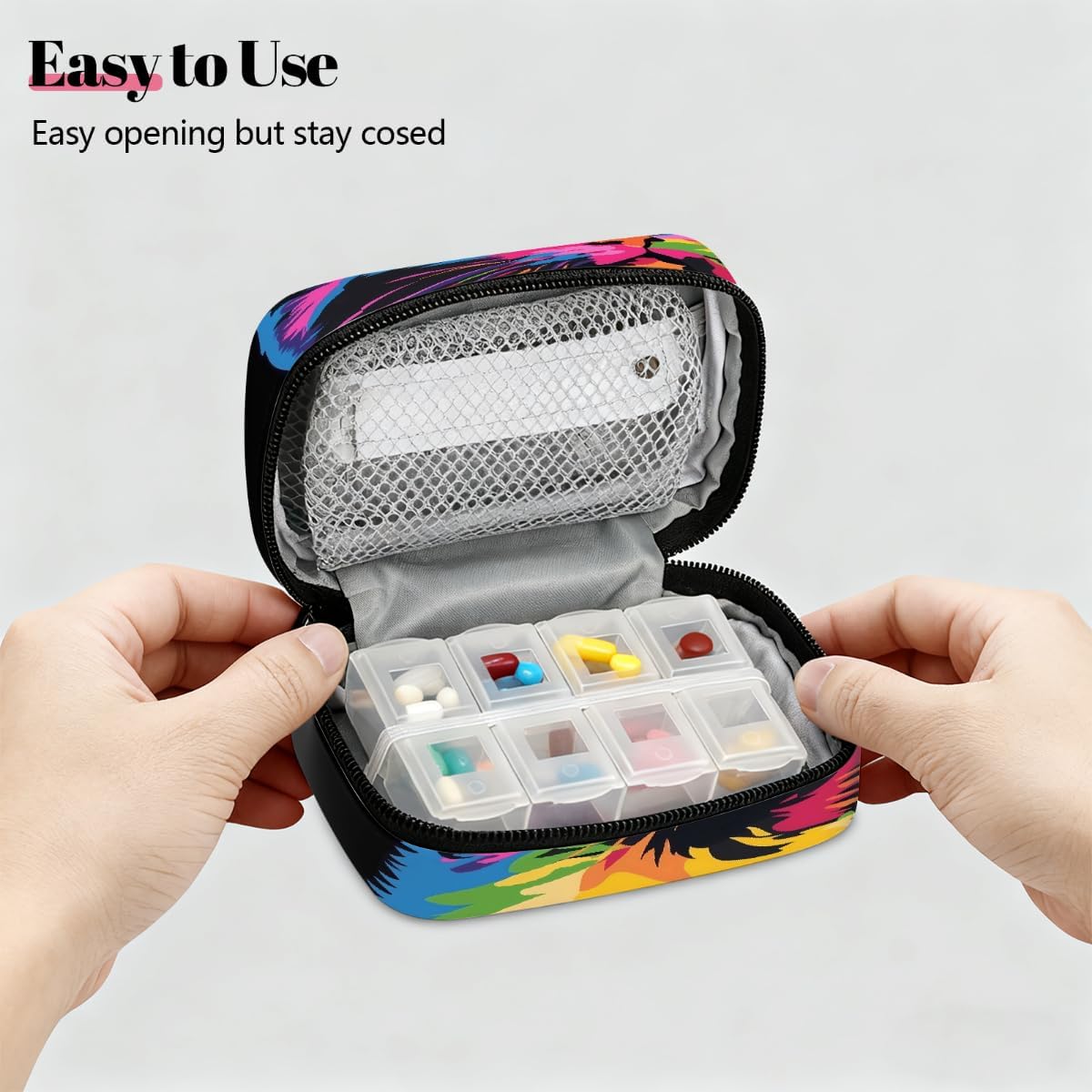 Abstract Art Colorful Cat Pill Organizer Travel Medicine Case with Zipper Daily Vitamin Storage Bag Portable 8 Slot Weekly Pill Box Supplement Holder for Home Office Gym Travel