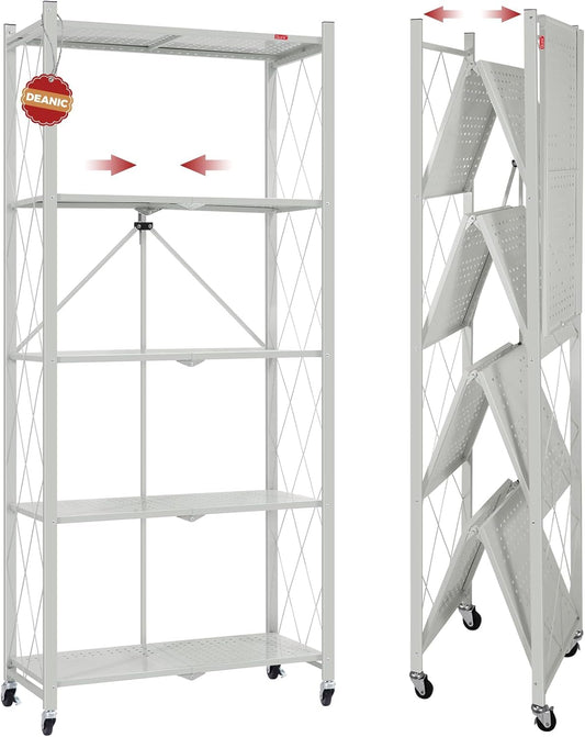 DEANIC 5 Tier Foldable Storage Shelves with Wheels, Large Capacity Shelving Unit, Freestanding Metal Wire Shelf Rack, No Assembly Organizer Rack for Garage Kitchen, Basement, Pantry(Grey)