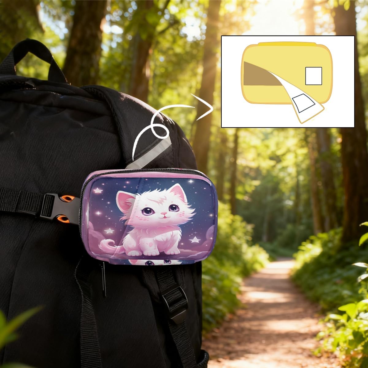 Lovely Cat Starry Sky Pill Organizer Travel Medicine Case with Zipper Daily Vitamin Storage Bag Portable 8 Slot Weekly Pill Box Supplement Holder for Home Office Gym Travel