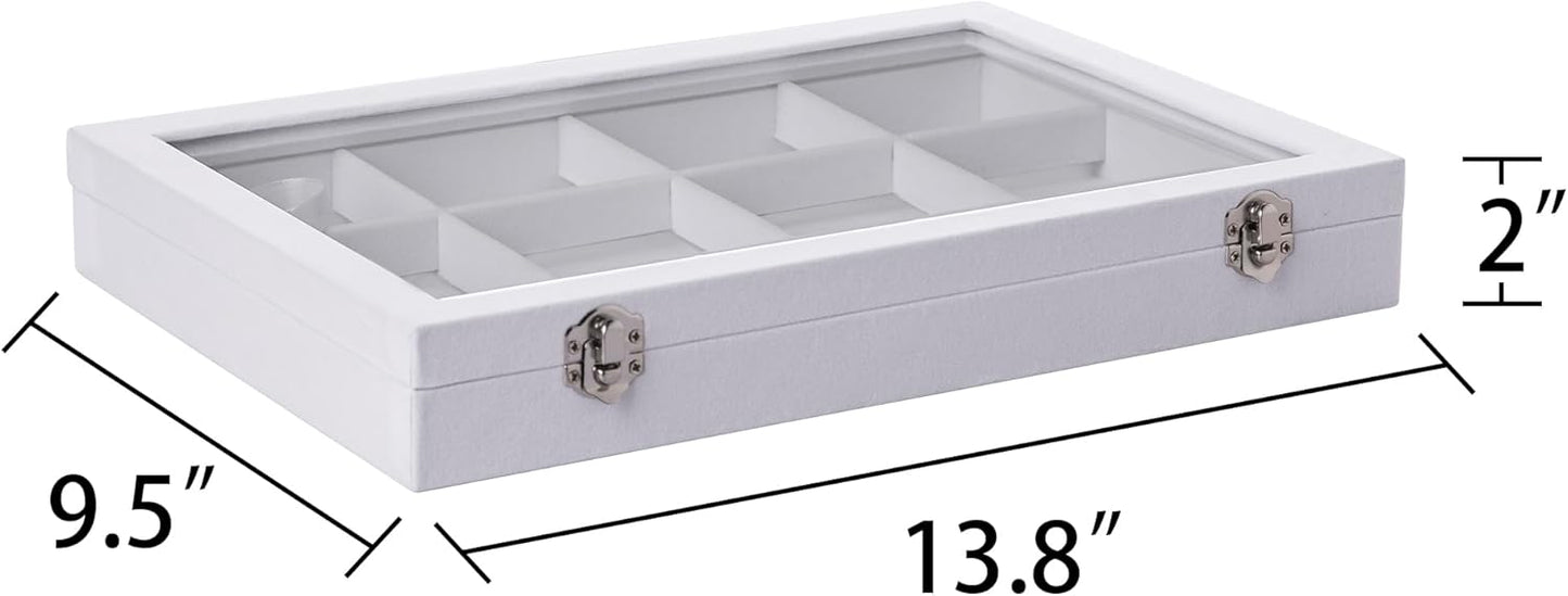 Frebeauty Velvet Jewelry Tray,12 Grid Jewelry Organizer with Clear Lid,Bracelets Holder,Jewelry Display Case with Clasp,Drawer Insert Bangle Brooch,13.8 x 9.5 x 2 Inches,Gift for Women Girls(White)