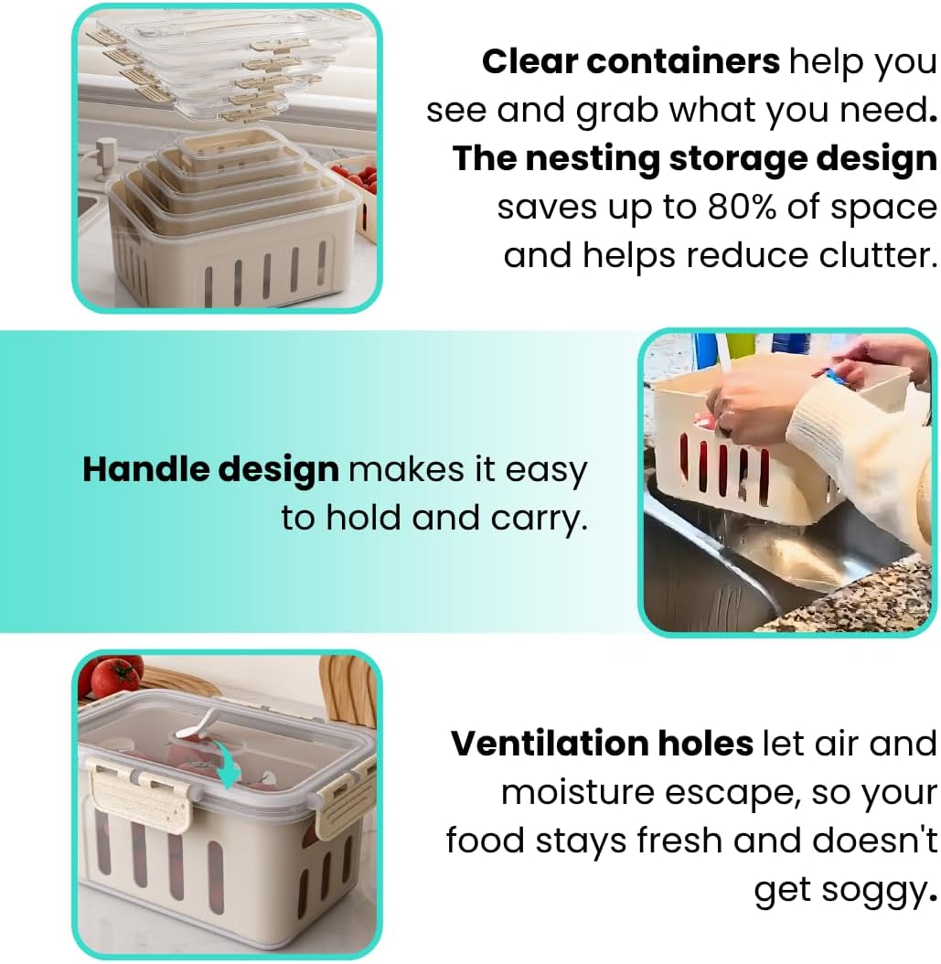 5-Pack Fruit Containers for Fridge Keep Fresh – Airtight Food Containers with Lids, Produce Saver with Removable Colander, Fridge Organizers, Microwave & Dishwasher Safe (Cream)