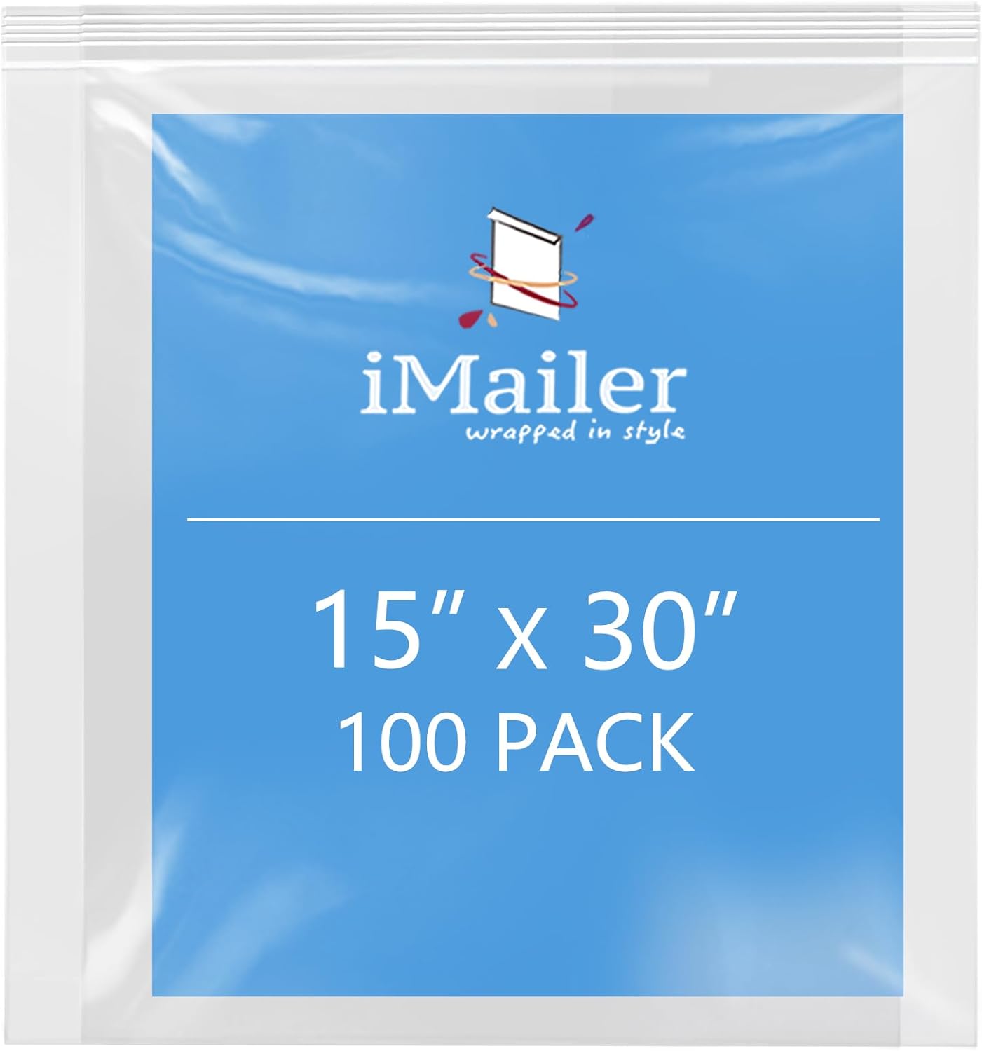 iMailer- 15" x 30" 100 Pack - 2 Mil Resealable Zip Bags- Clear Plastic Bags with Zip Top Lock for Storage, Organizing, Crafts, Travel