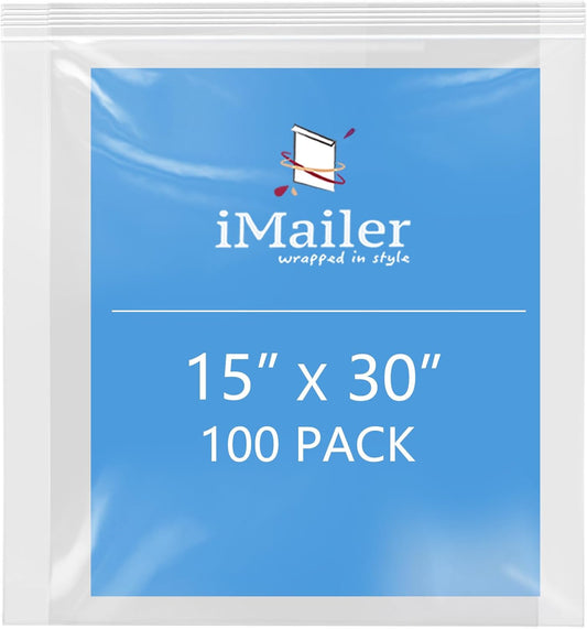 iMailer- 15" x 30" 100 Pack - 2 Mil Resealable Zip Bags- Clear Plastic Bags with Zip Top Lock for Storage, Organizing, Crafts, Travel