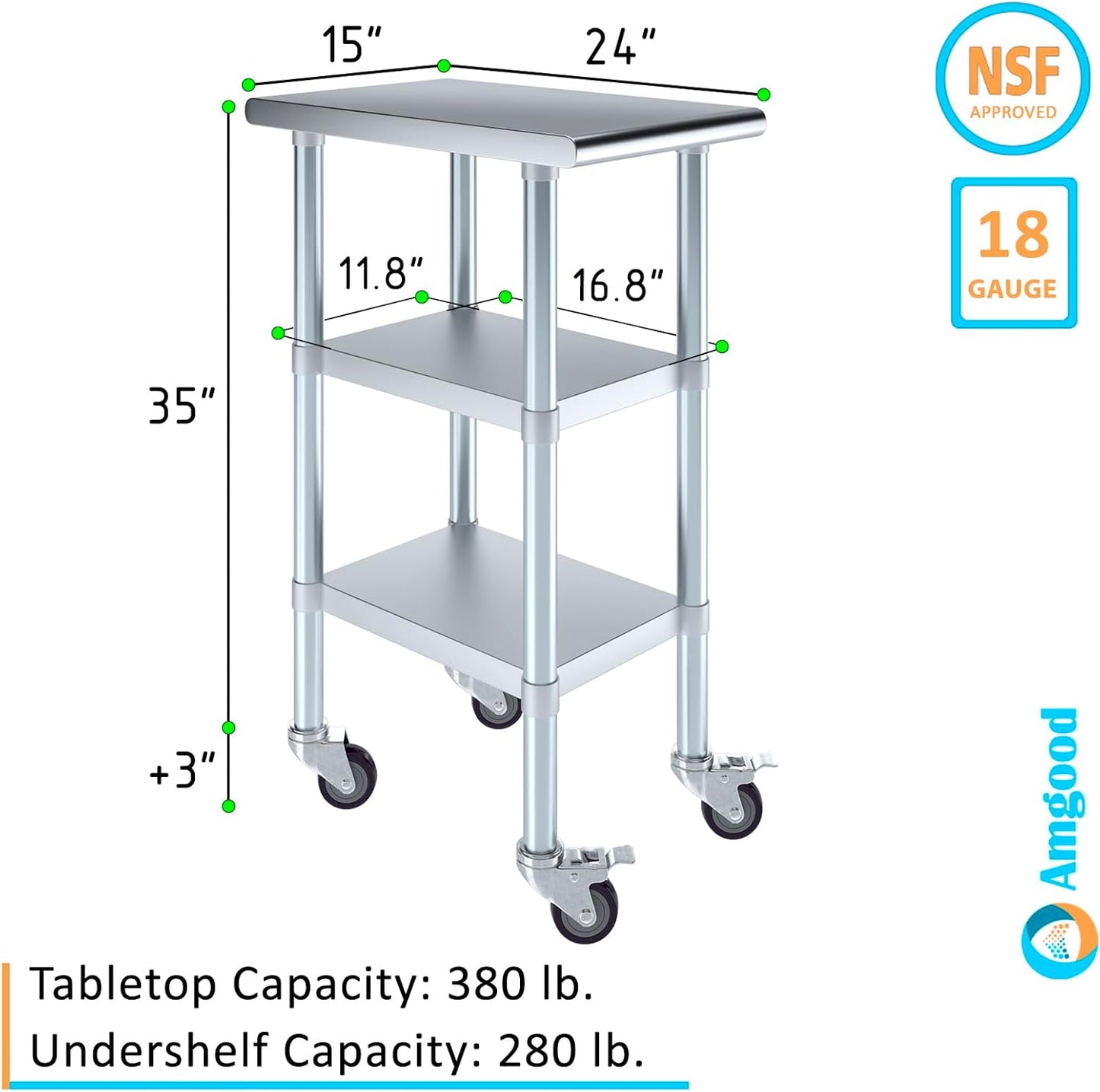 AmGood Stainless Steel Work Table with 2 Shelves and Casters | Metal Utility Table On Wheels (Stainless Steel Work Table with 2 Shelves + Casters, 15" Long x 24" Deep)