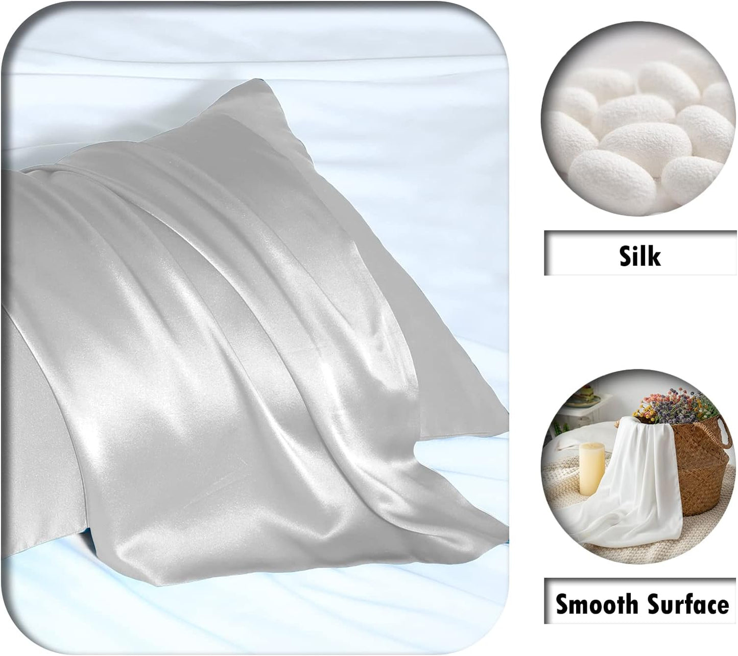 Natural Mulberry Silk Pillowcase for Hair and Skin Standard Size 20"X 26" with Hidden Zipper Soft Breathable Smooth Cooling Silk Pillow Covers(Silver Grey,Standard,1Pcs)
