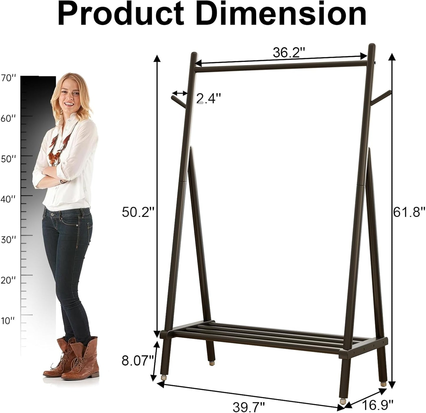 Solid Wood Clothing Rack, Rolling Clothes Rack for Hanging Clothes, Garment Rack with Shelves Load 350 Lbs, Portable Closet Organizer on Wheels for Hanging Clothes (Black)