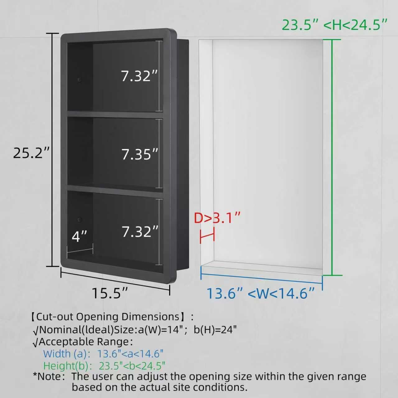 Recessed Medicine Cabinet No Mirror - 14x24 Bathroom Storage Wall Cabinet with 2 Shelves, 304 Stainless Steel Shower Niche, Matte Black Waterproof for Bathroom, Toilet, Vanity
