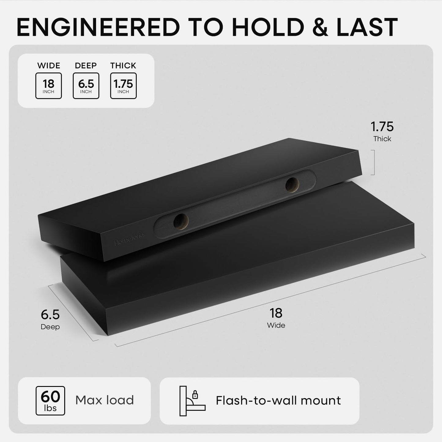 Homeforia Black Floating Shelf 18 inch, High End Solid Real Wood 18inch Bathroom Floating Shelves for Wall Mounted, Black Wooden 18in Floating Shelves, Heavy Duty Bracket, 18 X 6.5 X 1.75 in, Set of 4