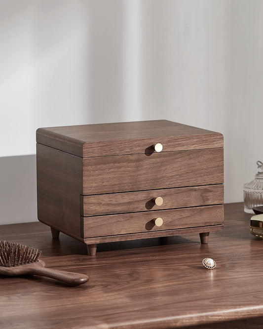CHOSIN Wooden Jewelry Box, 3 Layer Large Jewelry Organizer for Women, Black Walnut Wood, Jewelry Storage for Necklaces Rings Earring Watches Bracelets Christmas Gifts(No Mirror)