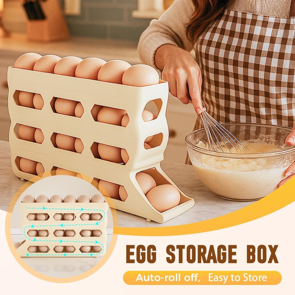 4-Tier Refrigerator Egg Holder, Automatic Gravity-Fed Rolling Egg Dispenser with Easy-Load Design, Space-Saving Fridge Organizer for Up to 30 Eggs, Kitchen & Pantry Storage Container (White) (white)