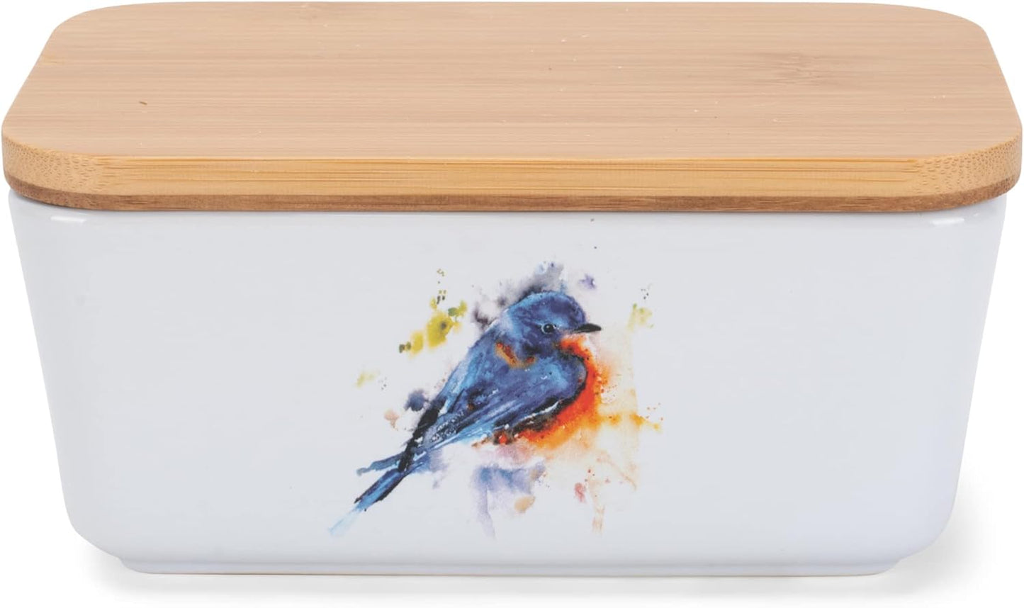 Nat & Jules Dean Crouser Ceramic Stoneware 1/2 Pound, 2 Sticks Butter Dish Airtight Bamboo Lid, Kitchen Accessory, Container Holder, Refrigerator Storage, Countertop Organization, Watercolor Bluebird