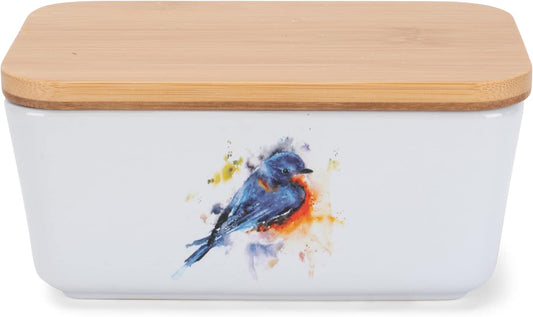 Nat & Jules Dean Crouser Ceramic Stoneware 1/2 Pound, 2 Sticks Butter Dish Airtight Bamboo Lid, Kitchen Accessory, Container Holder, Refrigerator Storage, Countertop Organization, Watercolor Bluebird