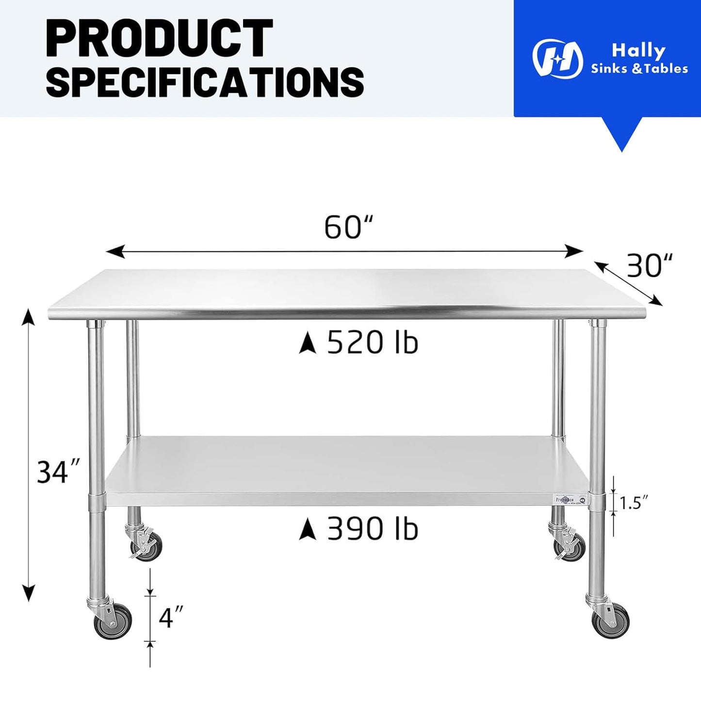 Hally Stainless Steel Table for Prep & Work 30 x 60 Inches with Caster Wheels, NSF Commercial Heavy Duty Table with Undershelf and Galvanized Legs for Restaurant, Home and Hotel