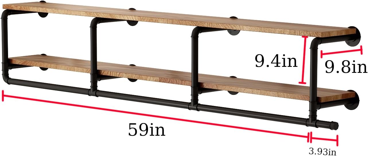 ORSENIGO Industrial Pipe Clothing Rack with Shelves, Black Wall Mounted Clothes Rack Heavy Duty Display Garment Rack for Home Retail