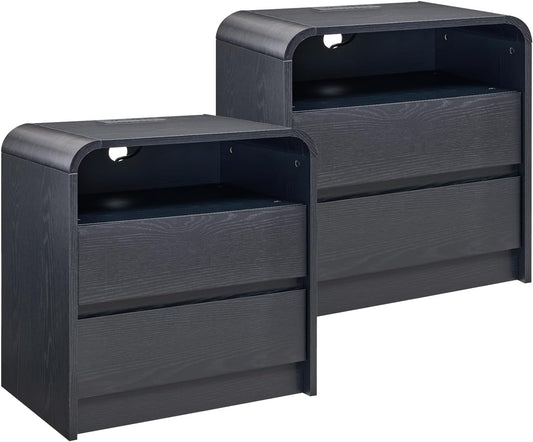 25" Tall Modern Nightstand Set of 2, 23.6'' Wide Wood Bedside Table w/2 Storage Drawers, Charging Station, Mid Century End Table for Bedroom, Living Room,Curved Profile Design, Black