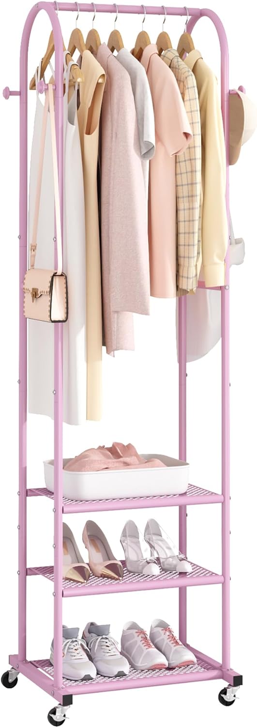 Heavy Duty Clothing Rack with Wheels,Modern Garment Rack with 3 Metal Shelves, 71.8Inches Display Rack for Hanging Clothes, Hanging Rod for Small Space,Pink