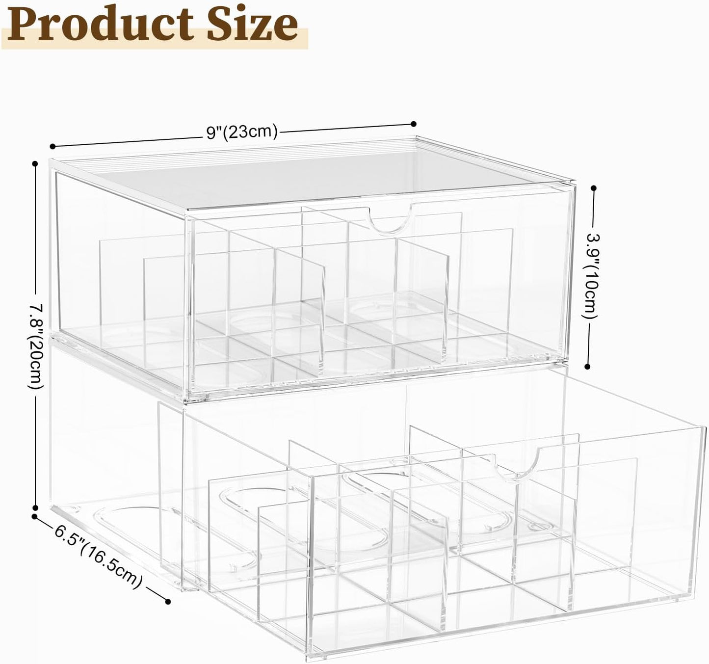 2 Pack Clear Tea Bag Organizer, Stackable Drawer Organizer with Dividers for Pantry Bathroom Vanity Kitchen - Cabinet Countertop Shelf Plastic Storage Bins for Coffee/Makeup/Cosmetic/Crafts/Underwear