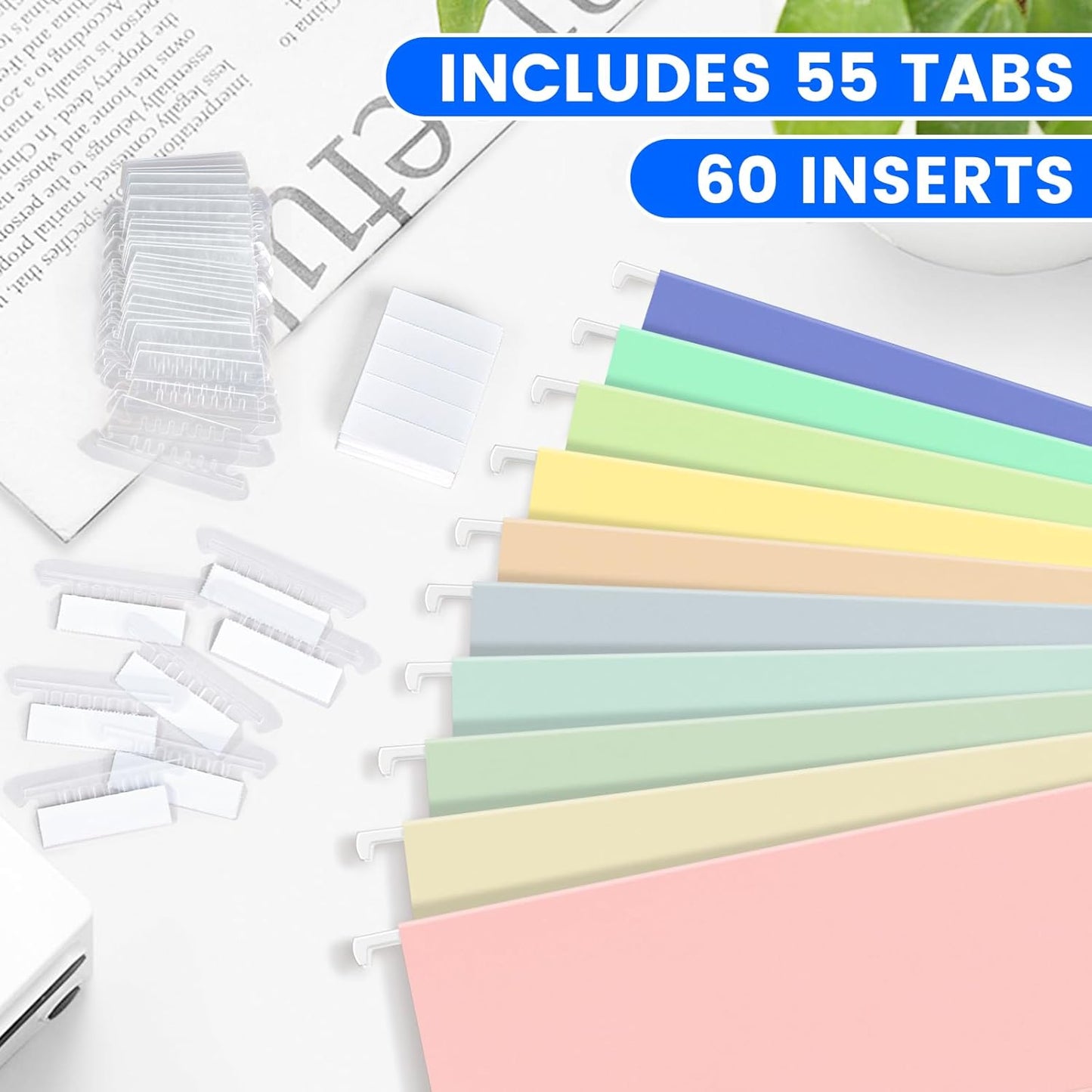 50-Pack Morandi Hanging File Folders, Letter Size with 55 Transparent Label Cards, 60 Sticker Labels,1/5-Cut Tabs–Home Office & Filing Cabinets