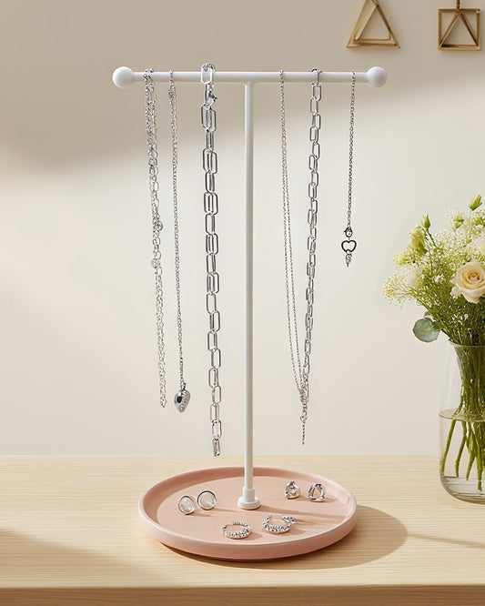VROOMIUM Necklace Holder Stand - 6in Ceramic Base X 1ft Height, Aesthetic Decor for Bedroom, Jewelry Organizer for Necklace, Bracelets, Rings, Exhibidor de Collares- Romantic Pink