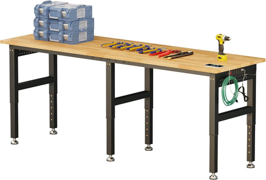 SPECRAFT 84“ Adjustable Heavy Duty Workbench with 4 AC Outlet and 2 USB Ports Power Outlets, 6000 Lbs Capacity, Rubber Wood Top for Garage, Workshop, Office