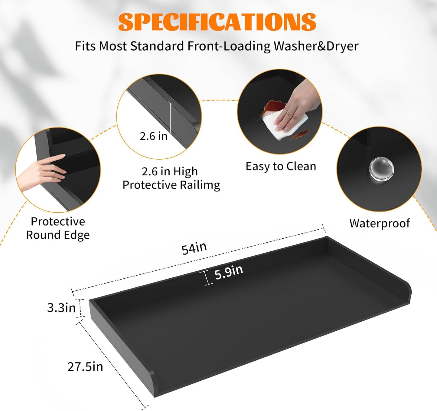 Washer Dryer Countertop, Laundry Room Wood Countertop with Edge, 54" x 27.5" Top Cover for Laundry Machine, Washer and Dryer Wood Shelf Topper for Laundry Room Counter Storage Organization, Black