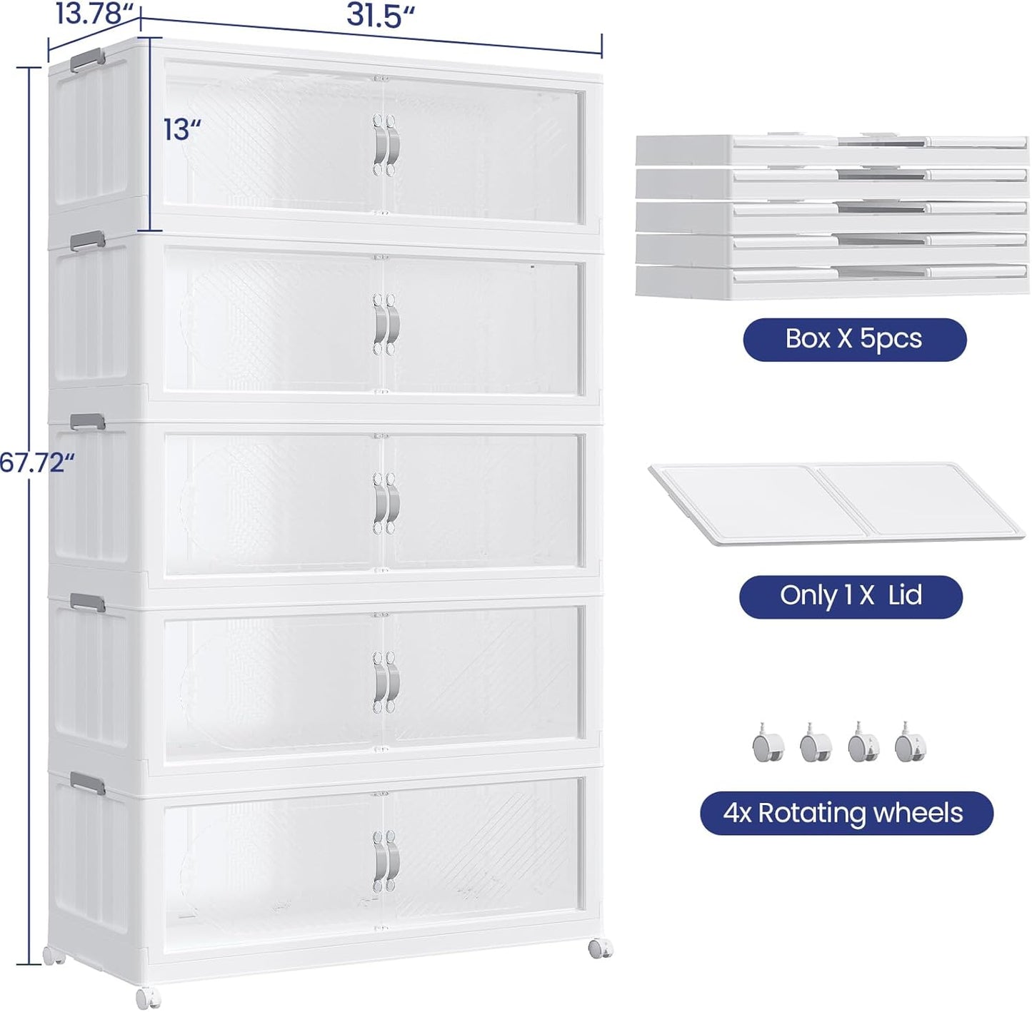 800QT Extra Large Stackable Storage Bins with Lid & Wheels & Doors, 200Gal Foldable Collapsible Closet Organizers, Plastic Cabinet Box Container Drawer for Home Kitchen Bedroom, 5Pack White