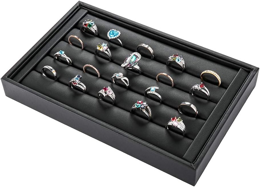 Valyria Velvet 5 Slots Ring Earrings Trays Showcase Display Jewelry Organizer (Black Flat PU Leather)