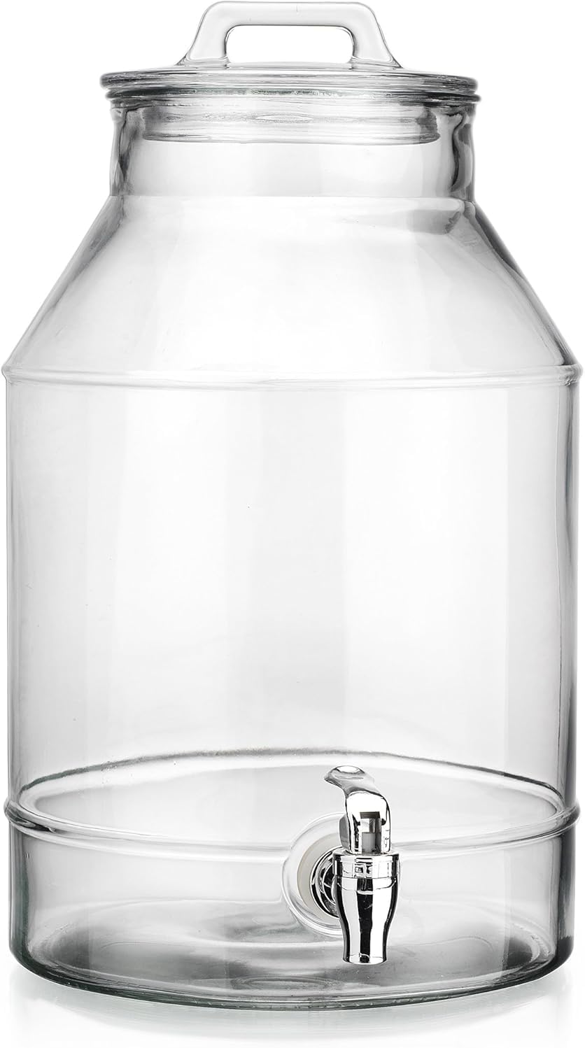 3 Gallon Glass Drink Dispensers For Parties,Classic Mason Jug Beverage Dispensers With Glass Lid With Handle And 100% Leakproof Spigot.Glass Water Jug Dispenser,Lemonade Dispenser