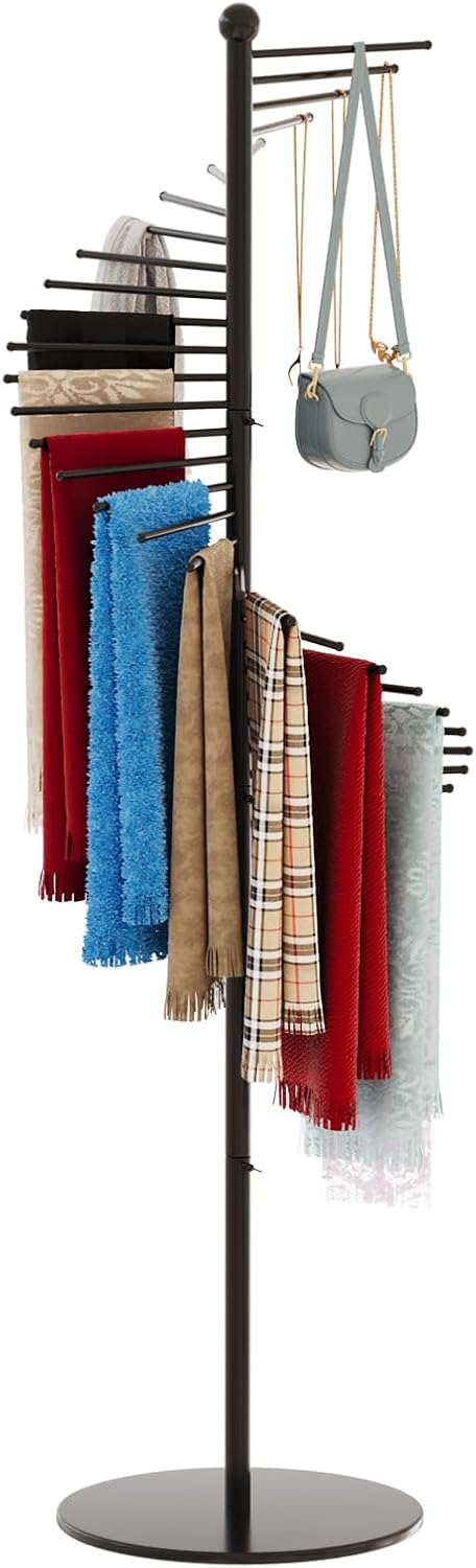Spiral Scarf Rack with 30 Rods, Freestanding Metal Scarf Organizer, Space Saving Shelves, Commercial Hijab Organizer Stand for Home Clothing and Clothes Store (Black)