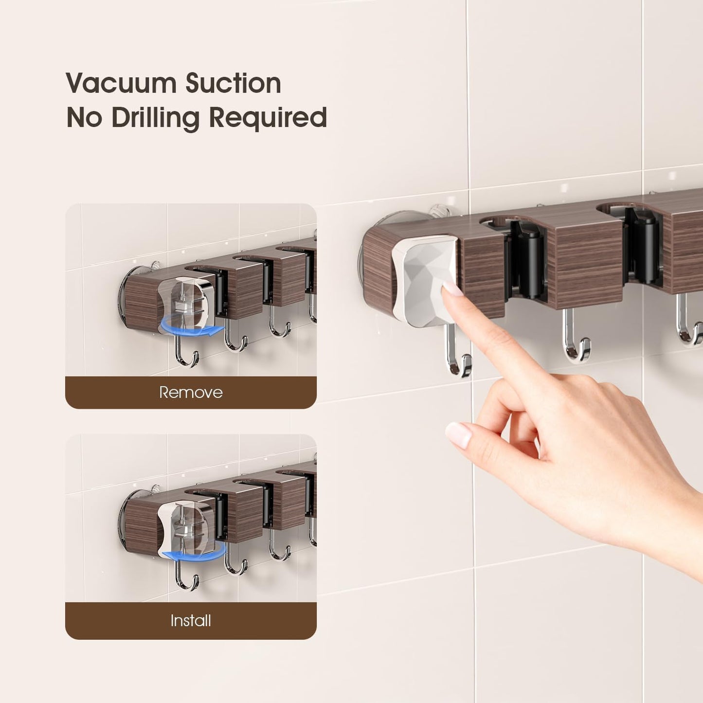 Suction Cup No Drilling Broom Holder Wall Mount, Walnut Color Mop Organizer Wall Hanging, 4 Racks 5 Hooks Tool Organizer Hanger Self Adhesive for Home, Garage, Garden, Laundry, Kitchen